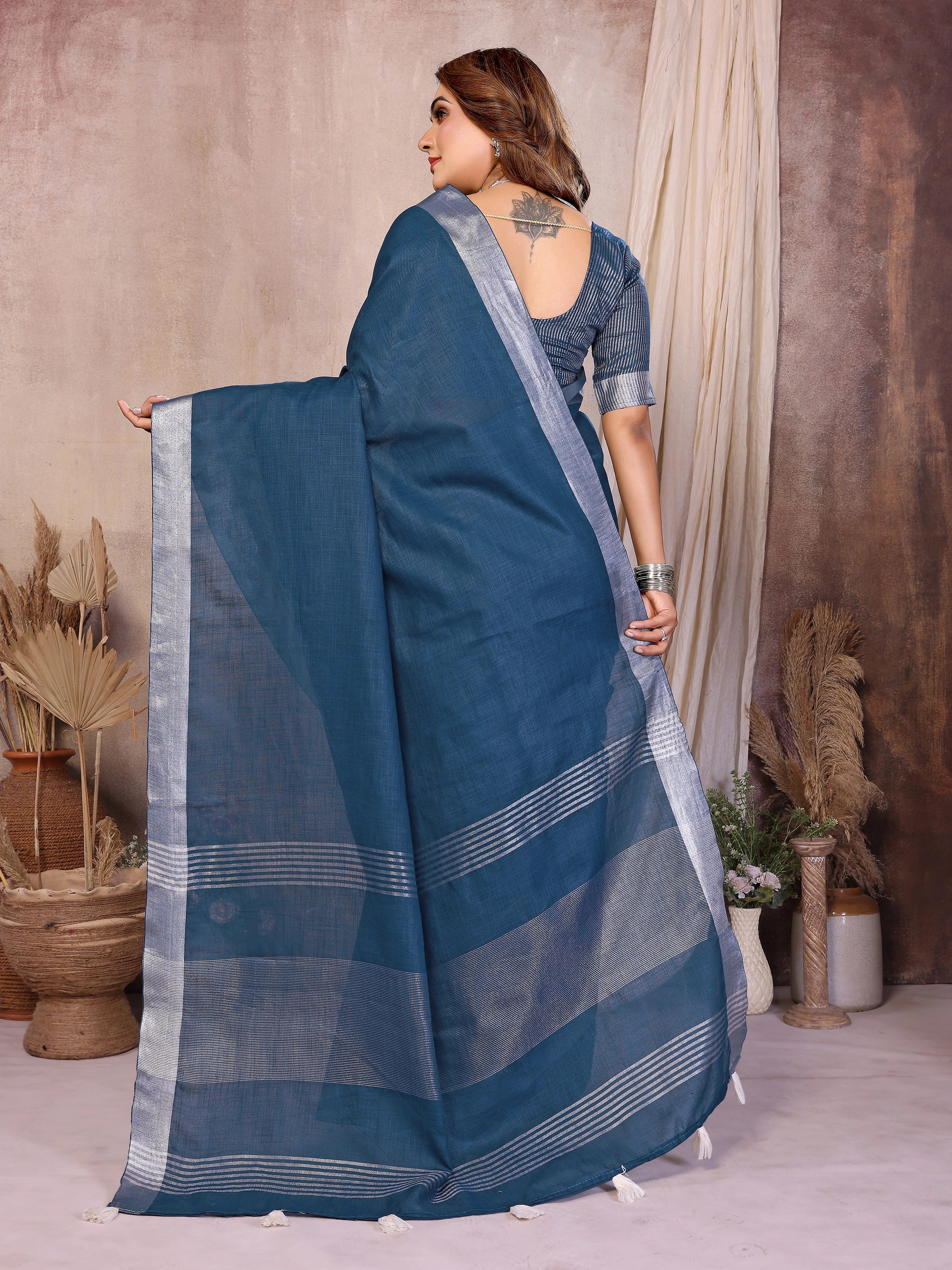 Blue Zari Border Soft Linen Cotton Saree – Kalyanja